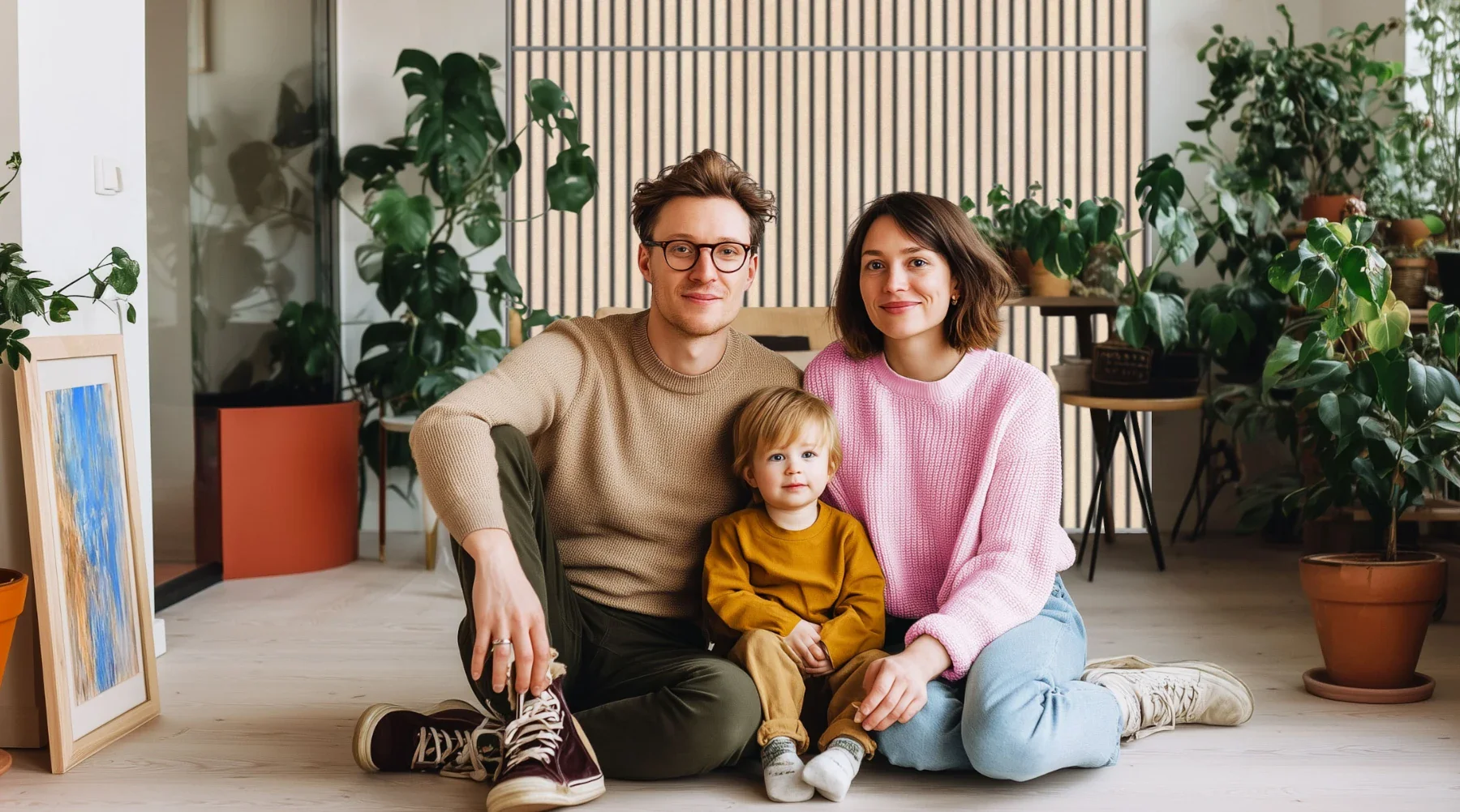 Familie mit Vater, Mutter und Sohn, die in einem Raum mit Pflanzen sitzen, vor Vera-Wandpaneelen.