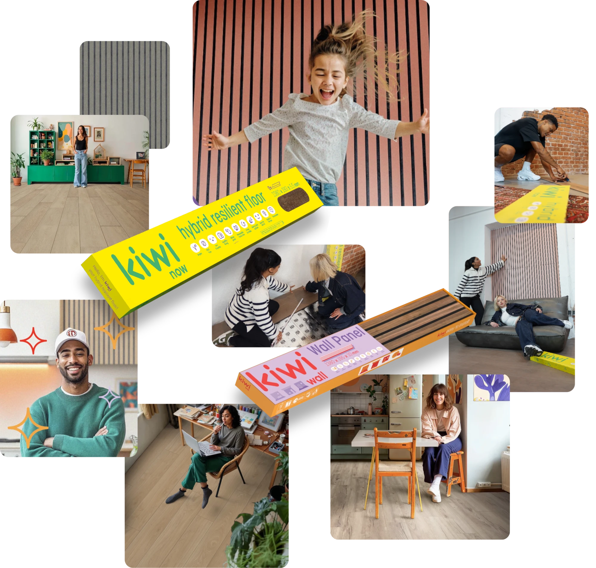 Collage mit Menschen, zwei Bilder zeigen Kiwi-Now Boden und Kiwi-Wall Paneele.